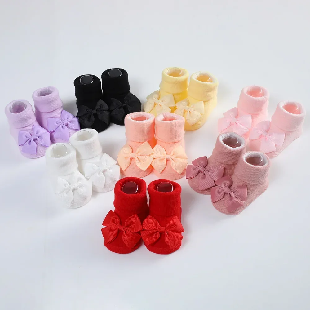 Calcetines de algodón para bebé recién nacido, conjunto de banda para el pelo, Diadema con lazo de cinta, calcetines transpirables, accesorios para bebés - imagen 2