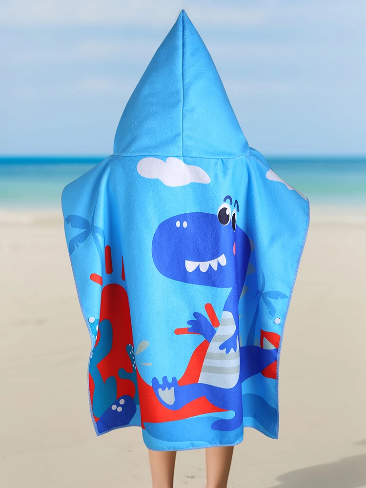 Toalla de chal con capucha para niños, traje de baño de playa para niños, bata, toalla de chal con capucha, dinosaurio animado - imagen 2