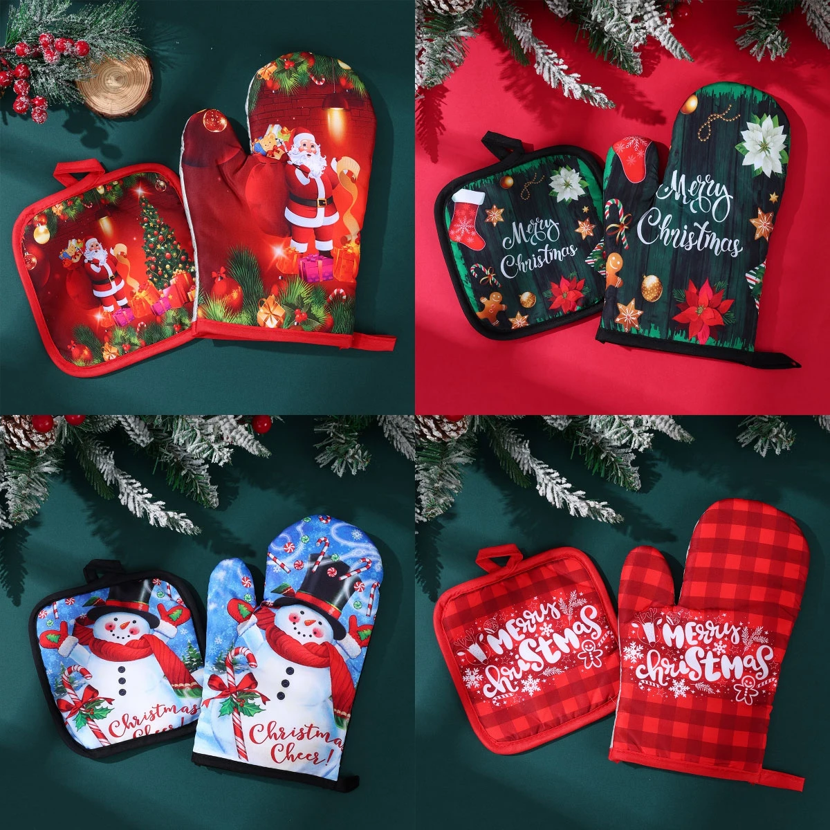 Guantes navideños para horno microondas, juego de guantes antiquemaduras para hornear, aislados, resistentes a altas temperaturas