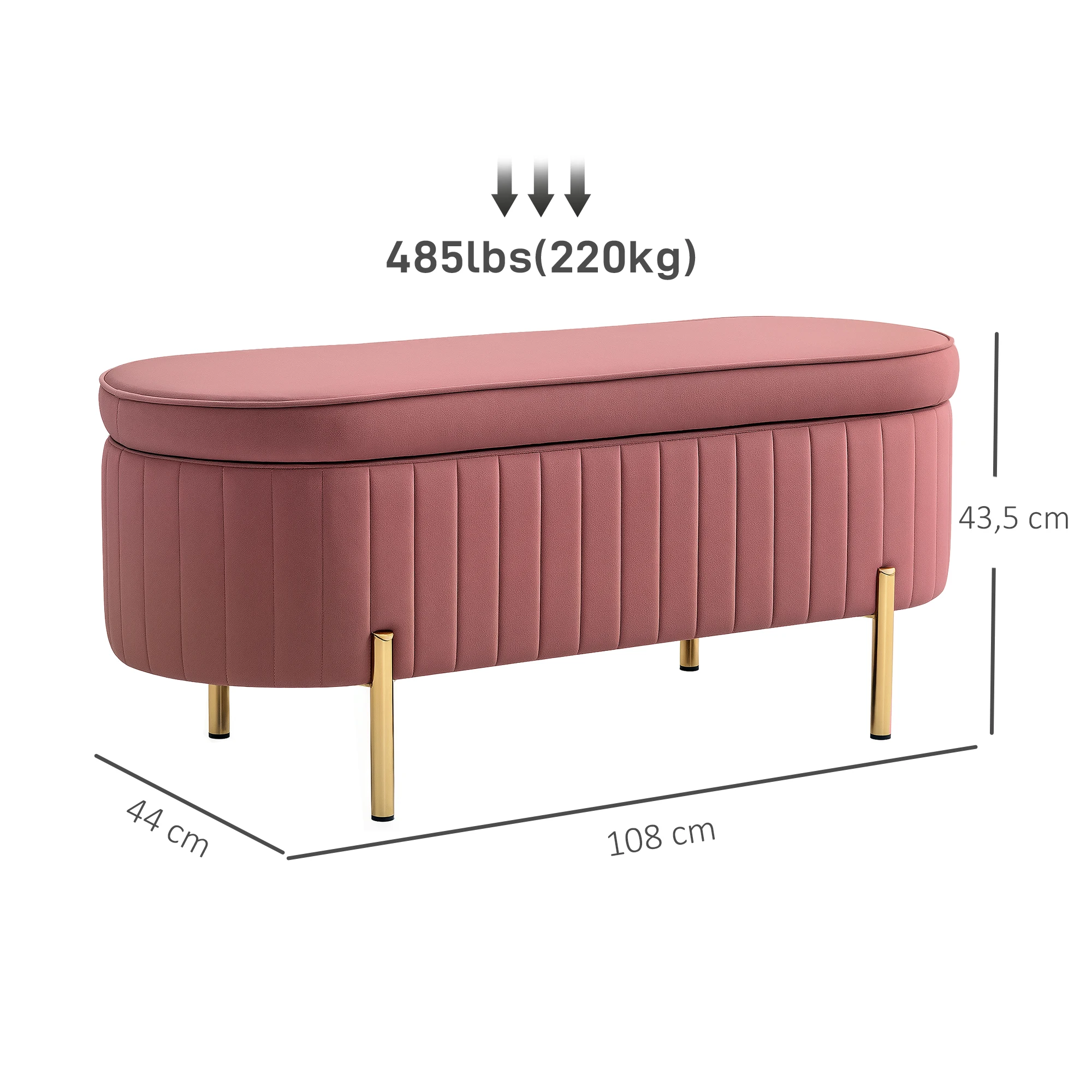 HOMCOM Banco Pie de Cama Tapizado en Terciopelo Puff Almacenaje con Espacio de Almacenaje y Patas Doradas Banqueta para Dormitorio Entrada 108x44x43,5 cm Rosa - imagen 3
