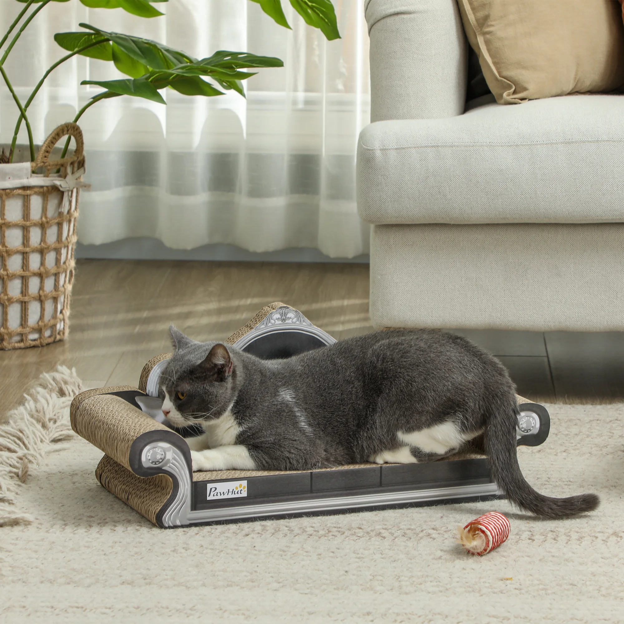 PawHut Rascador Cartón para Gatos en Forma de Sofá 2 en 1 Rascador para Gatos Sofá para Gatos con Catnip para Interior 56,5x24x26 cm Marrón - imagen 2