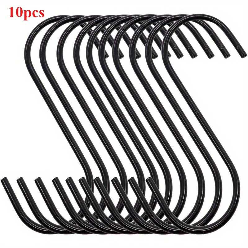 10 ganchos resistentes en forma de S: antideslizantes, negros, para colgar plantas, organización de guardarropa, almacenamiento de cocina