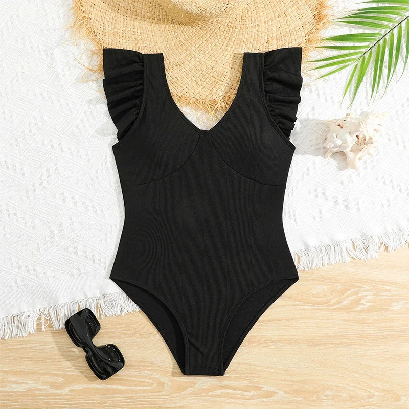 Traje de baño infantil de una pieza - Negro con volantes para niñas