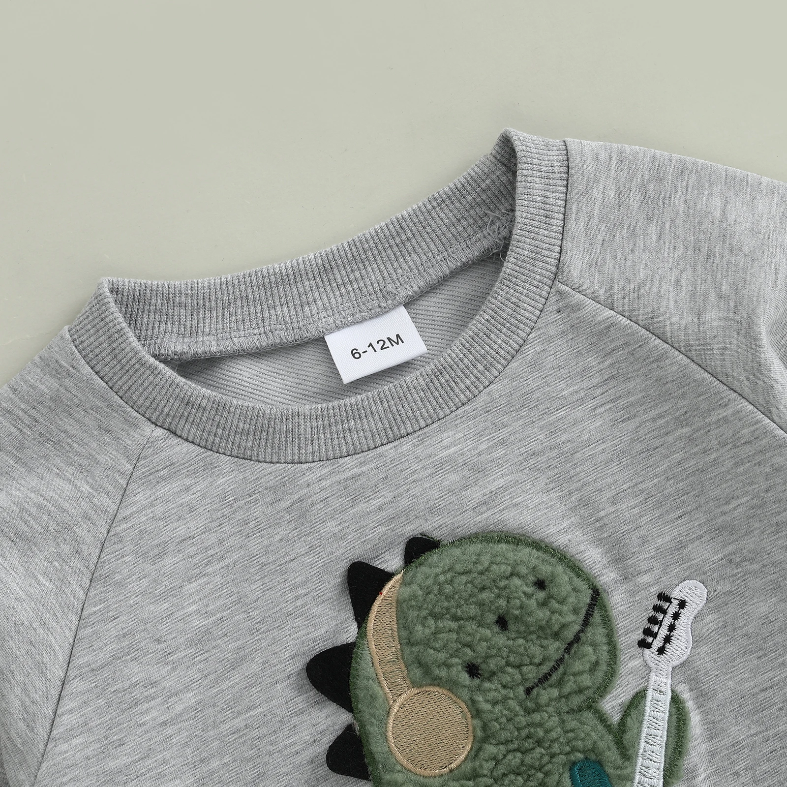 Ropa de otoño para niño pequeño, jersey de manga larga con bordado de guitarra de dinosaurio, pantalones de cintura elástica, traje de 2 uds. - imagen 3