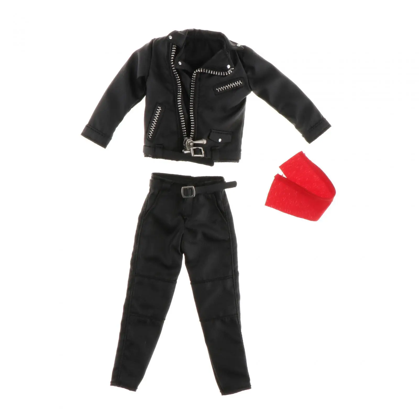 1:12 Man PU Leather Jacket Set with Pants Belt Scarf Handmade Action Figures Clothes Outfit Costume Miniature for 6'' Figures