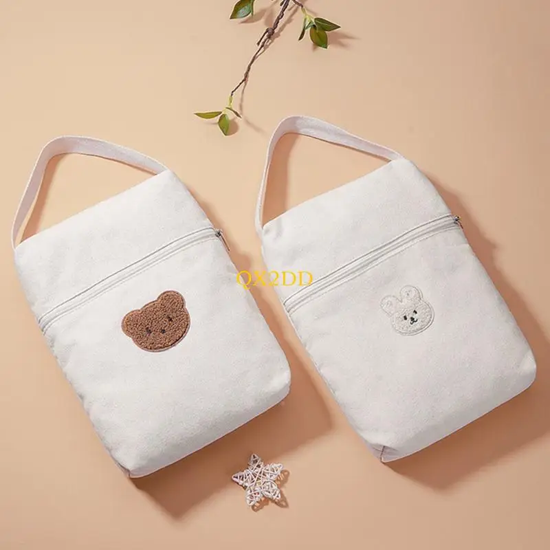 QX2D Bolsa pañales para bebés recién nacidos, bolsa mano con bordado oso, bolsa colgante para cochecitos