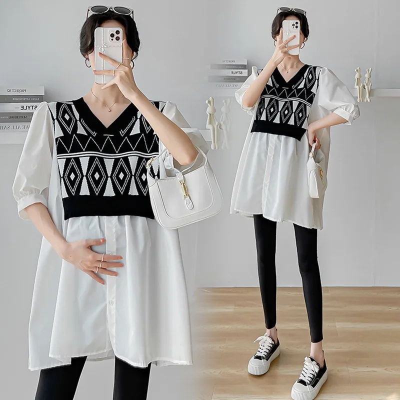 Camisa de maternidad manga larga de algodón – Estilo patchwork casual - imagen 3