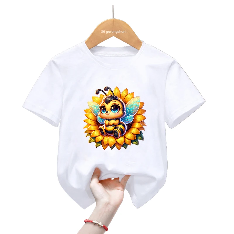 Camiseta divertida con estampado de flores de abeja para niñas, ropa Kawaii para niños, camiseta de manga corta de mariposa, moda de verano, camiseta Harajuku - imagen 4