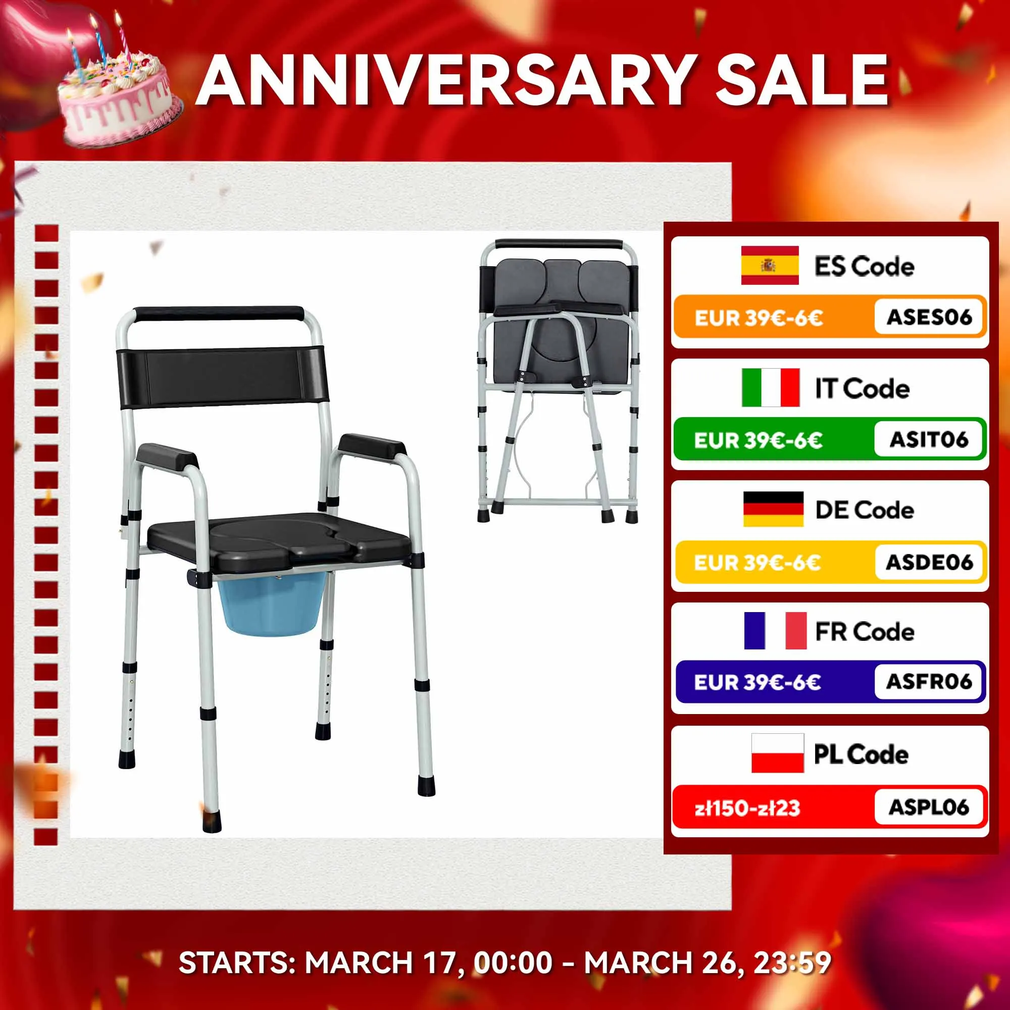 HOMCOM Silla WC Personas Mayores Plegable Silla con Inodoro con Altura Ajustable Cubo y Almohadillas Antideslizantes Carga 150 kg para Discapacitados Embarazadas Negro