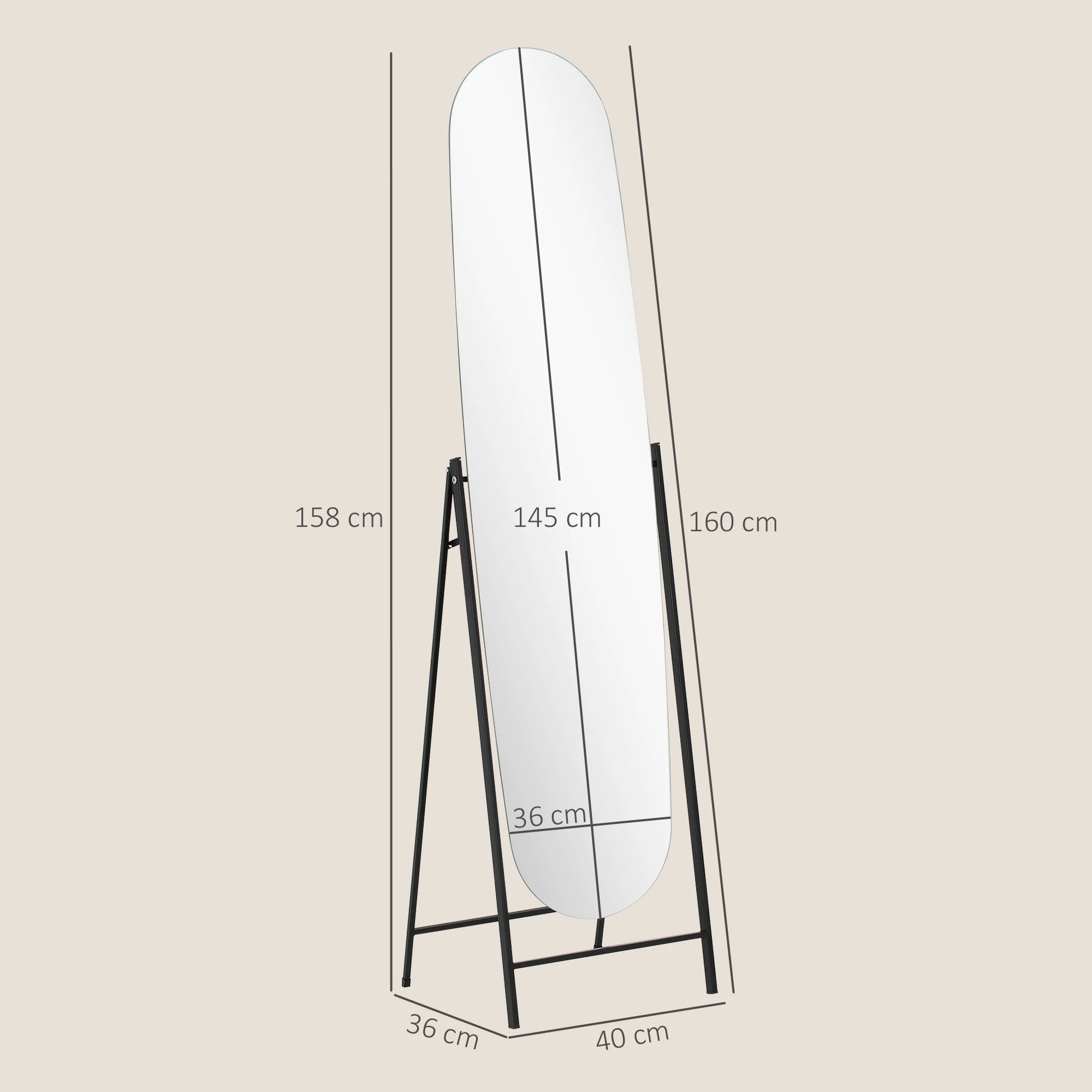 HOMCOM Espejo de Cuerpo Entero Arqueado 160x40 cm, Espejo de Pie o Apoyado en la Pared, sin Marco, Soporte de Metal, para Salón, Dormitorio, Vestidor y Entrada, Negro - imagen 3