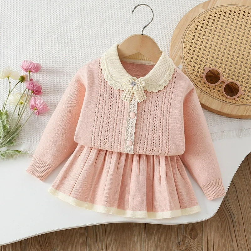 Nuevo conjunto de vestido de otoño e invierno para niñas, versión coreana elegante, cárdigan de punto con cuello de encaje, conjunto de dos piezas para niños - imagen 3