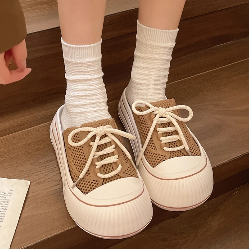 Zapatillas de plataforma de verano con cordones de malla transpirable para mujer, zapatos de calle para el hogar, sandalias sin cordones de estilo coreano con suela gruesa para niñas - imagen 3