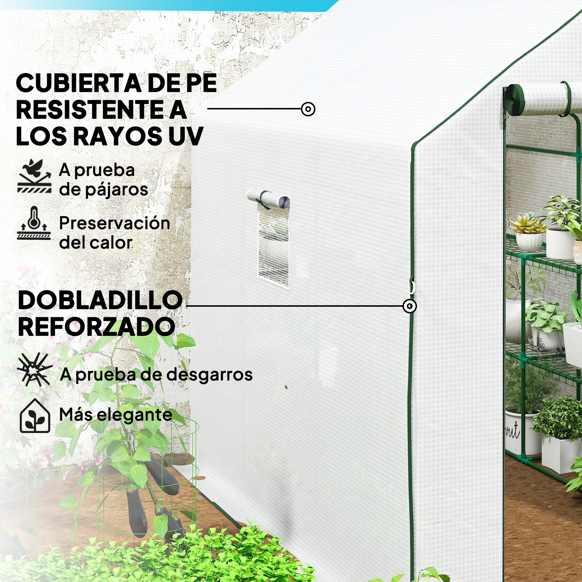 Outsunny Invernadero de Jardín de 3 Niveles, Invernadero de Exterior con 12 Estantes, Puerta Enrollable, Ventanas, Anti-UV, Cubierta de PE 135g/m² para Cultivos, Plantas, Flores, 140x213x190 cm Blanco - imagen 4