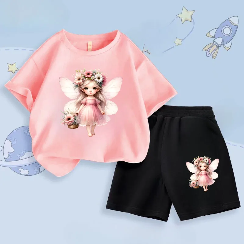 Conjunto de camiseta y shorts para niña con ángel estampado - imagen 2