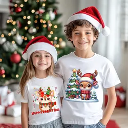 Camiseta navideña a la moda para niños, camiseta con estampado de Papá Noel/árbol/muñeco de nieve/alce con cuello redondo, ropa para niños y niñas