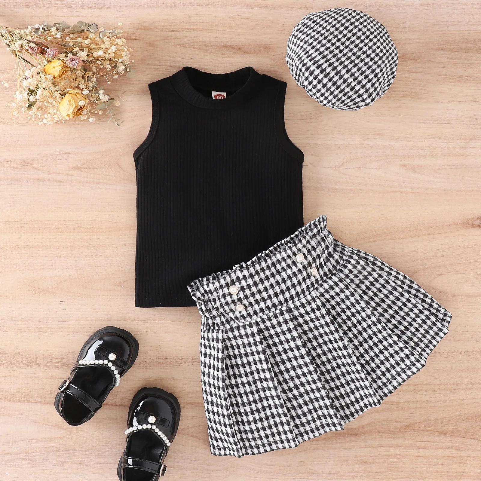 Conjunto de 3 piezas para niña, ropa coreana, Tops sin mangas sólidos, pantalones cortos a cuadros y sombrero, ropa de Boutique para bebé, BC296 - imagen 2