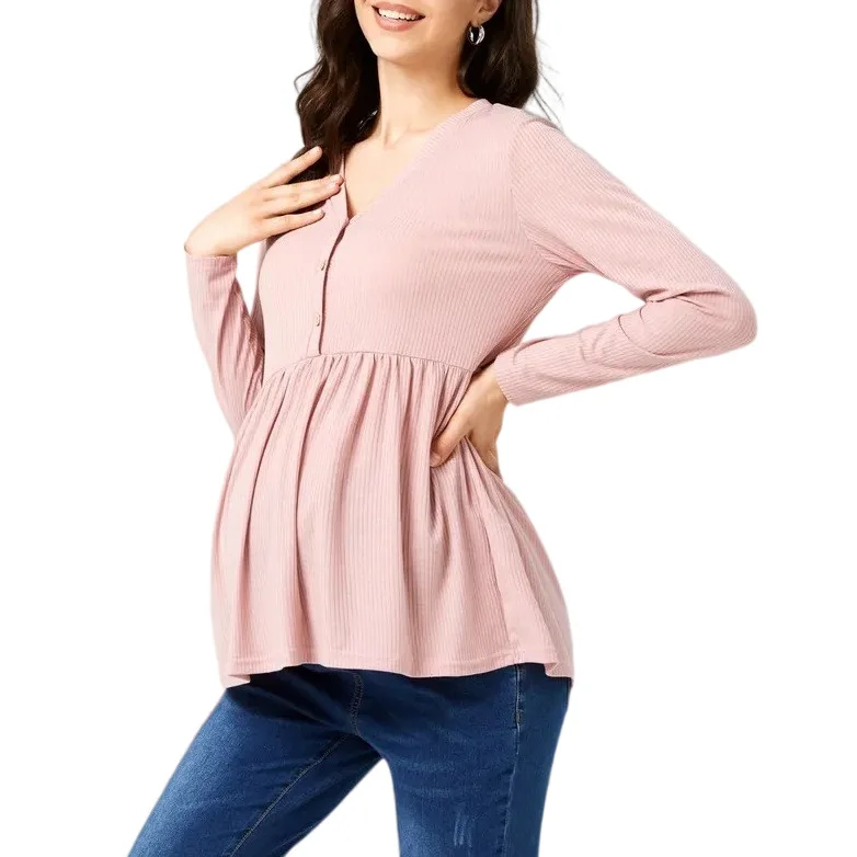 Tops de lactation maternity manga larga – Algodón rosa suave - imagen 2