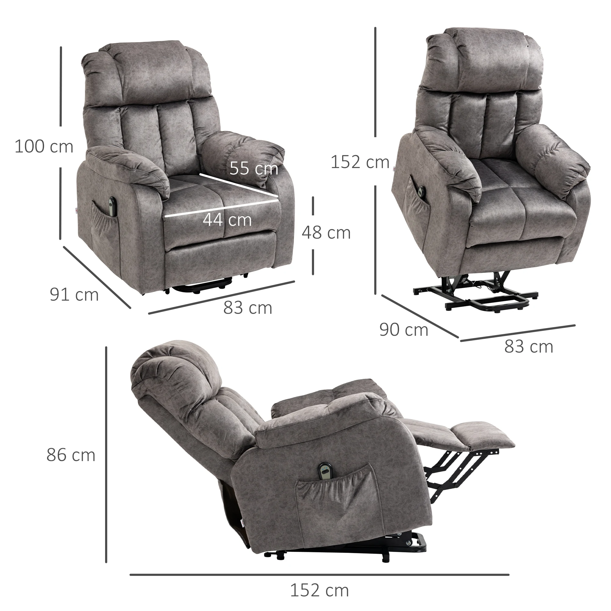 HOMCOM Sillón Relax Levanta Personas Eléctrico Silla Elevadora Eléctrica con Reposapiés 2 Bolsillos Laterales Mando a Distancia y Reclinación Eléctrica 135° 83x91x100 cm Gris - imagen 3