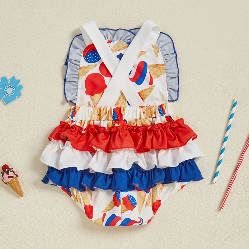 Pelele patriótico para niña de 0 a 12 meses, mono informal con estampado de helado y volantes para recién nacido, ropa bonita para niño pequeño - imagen 2