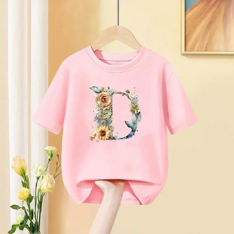 Camiseta para niñas con nombre personalizado, camiseta con estampado combinado de letras, letras de flores, fuente A B C D E F G, camisetas rosas de manga corta para niños - imagen 3