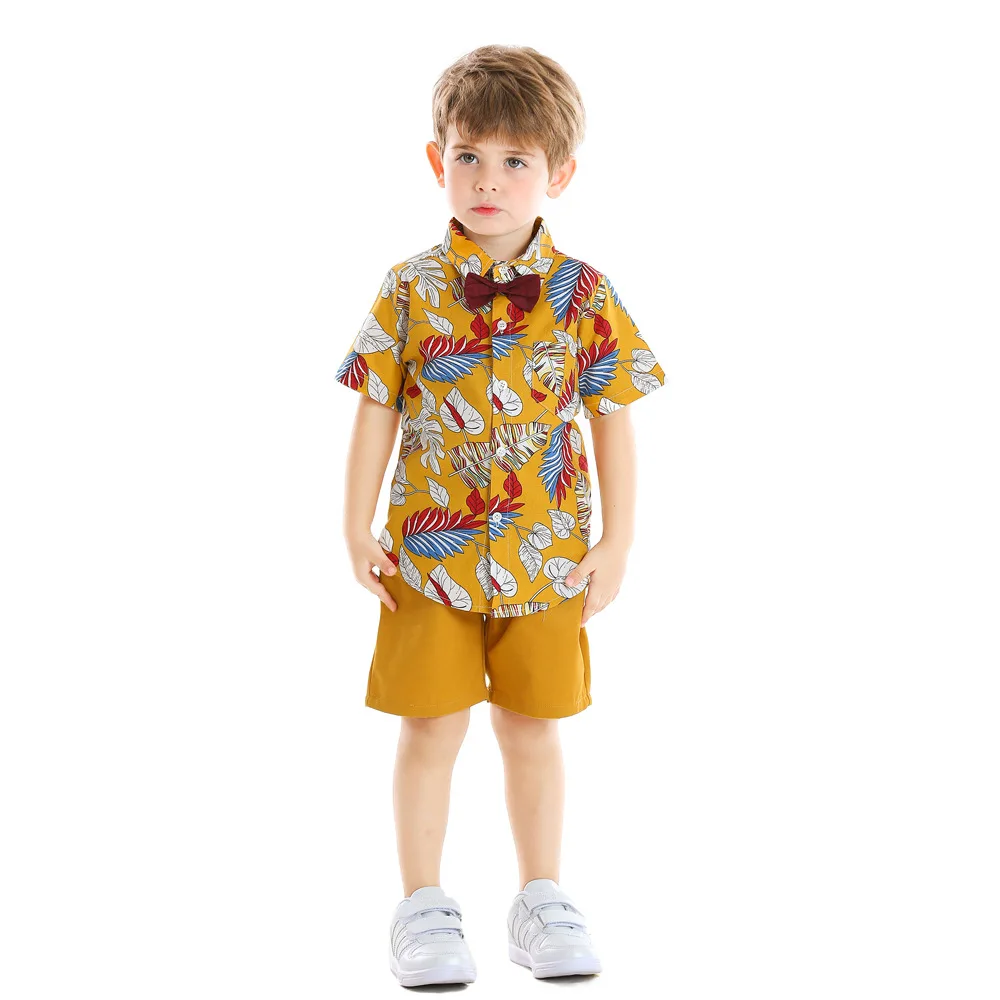 Conjunto de camisa y pantalones cortos de manga corta con estampado de hojas y solapa para niño, ropa de verano, novedad - imagen 5