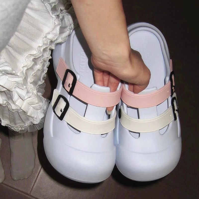 Zapatillas de plataforma de estilo coreano para mujer, zapatos Mary Jane para interiores y exteriores, cinturón colorido, suela gruesa, zuecos de moda, sandalias de calle para niñas - imagen 3