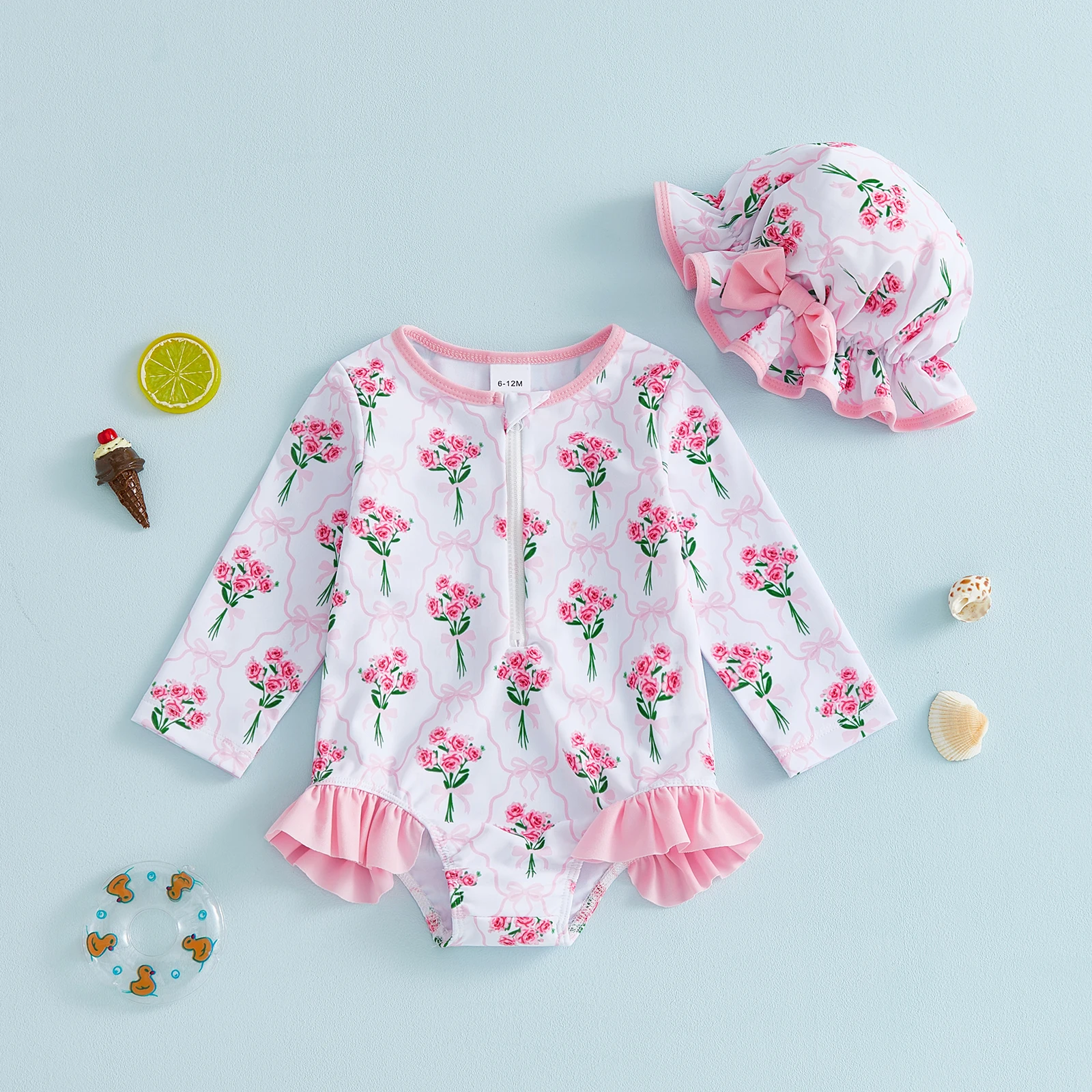 VISgogo Traje de baño bebé niña manga larga estampado fresas gorro sol