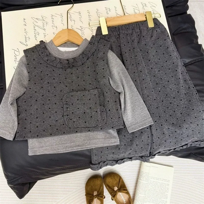 Conjunto de primavera para niña manga larga con lunares y chaleco - imagen 4