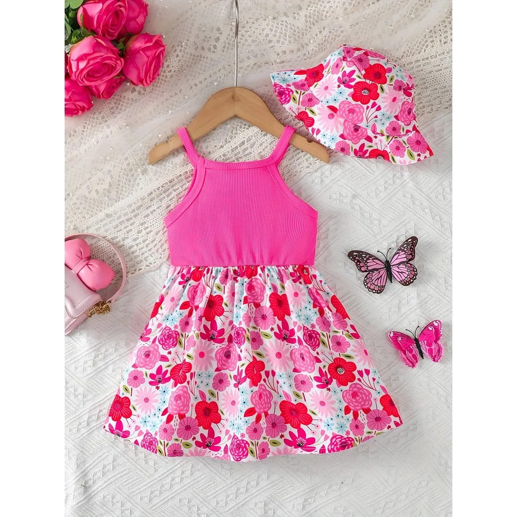 Vestido verano para niña sin mangas rosa con doble lazo y sombrero - imagen 2
