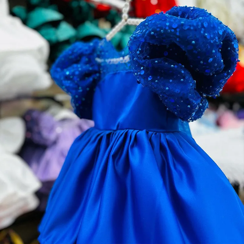 Vestido de princesa con lentejuelas de Color liso para niñas, tutú con mangas de burbuja para fiesta de 1er cumpleaños y actuación, vestido naranja para niña - imagen 3