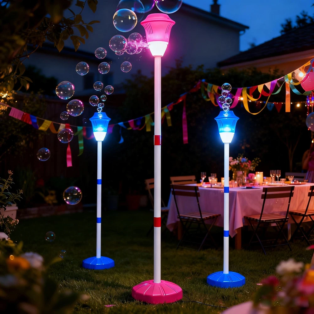 Lámpara de calle, máquina de burbujas, jabón de burbujas completamente automático, música que sopla con luz, juguetes para niños al aire libre, regalos de fiesta para niños