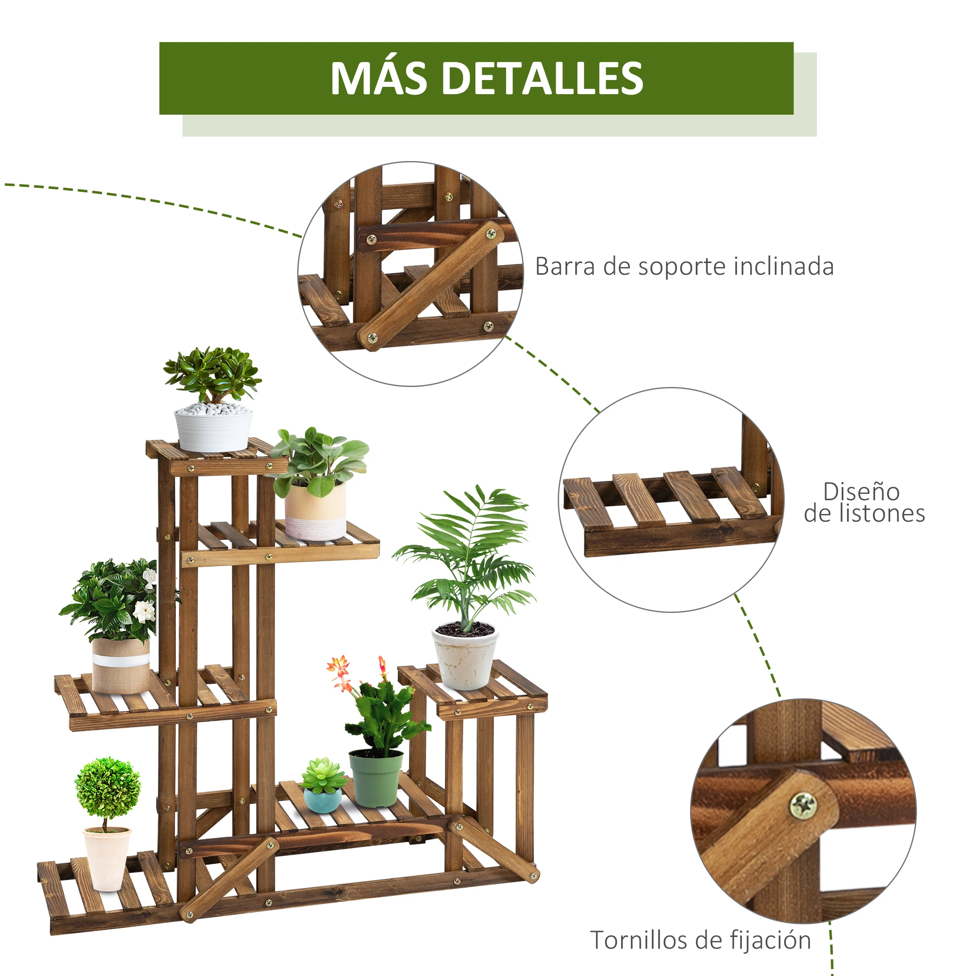 Outsunny-Soporte de Madera para Flores, 6 Estantes para Interior y Exterior, para Jardín, Balcón, Terraza, 95x28x96,5 cm, Natural - imagen 5