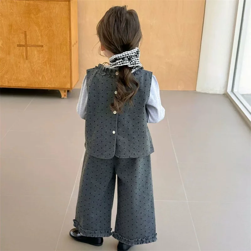 Conjunto de primavera para niña manga larga con lunares y chaleco - imagen 2