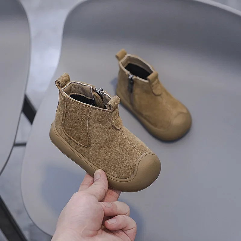 Botas de cuero genuino para niños y niñas, zapatos antideslizantes de suela suave, ante de vaca, para exteriores, Otoño e Invierno - imagen 2