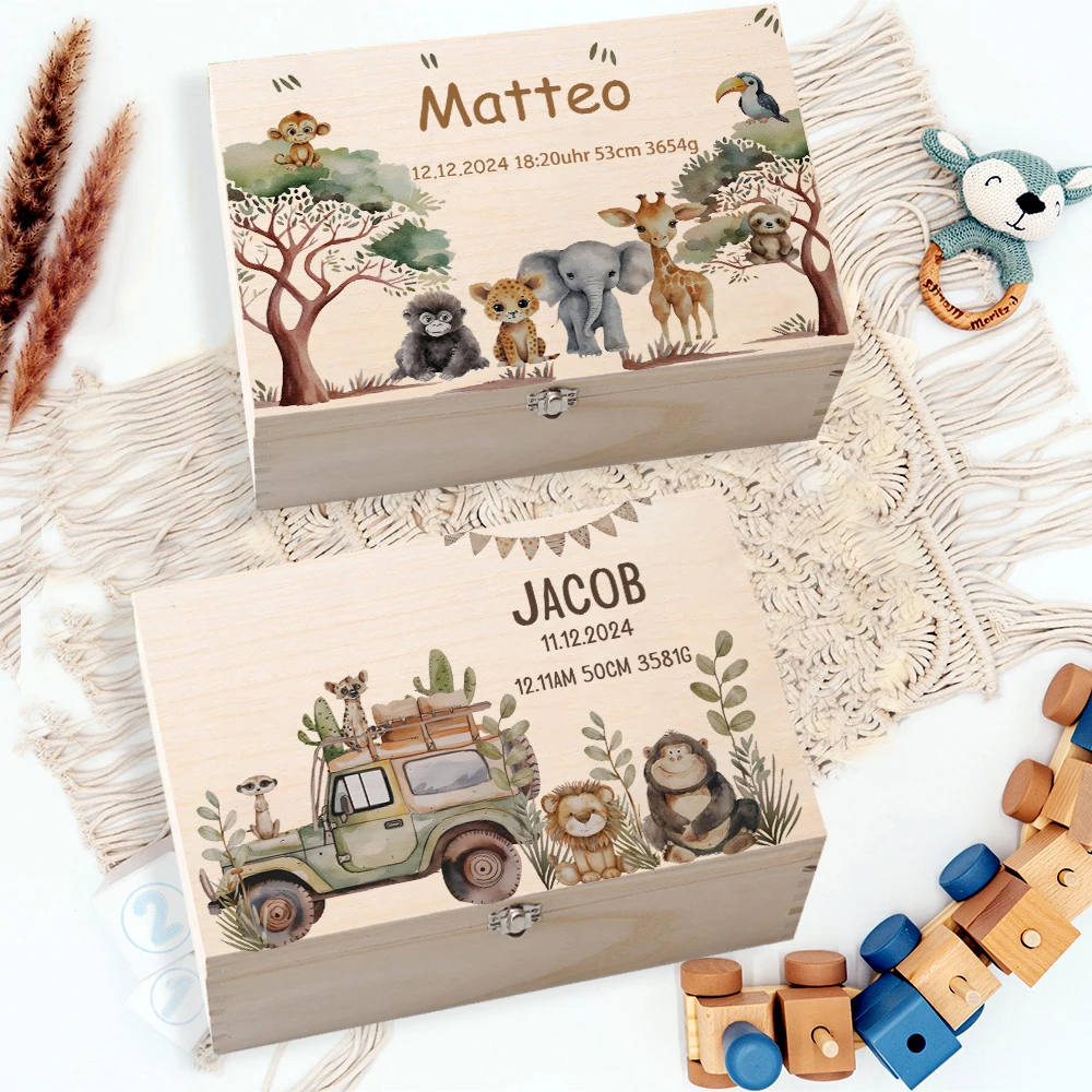 Caja de memoria personalizada con animales de viaje para guardar recuerdos, regalo de bautismo para bebé, cajas de estadísticas de nacimiento para recién nacidos, estuche de cordón umbilical