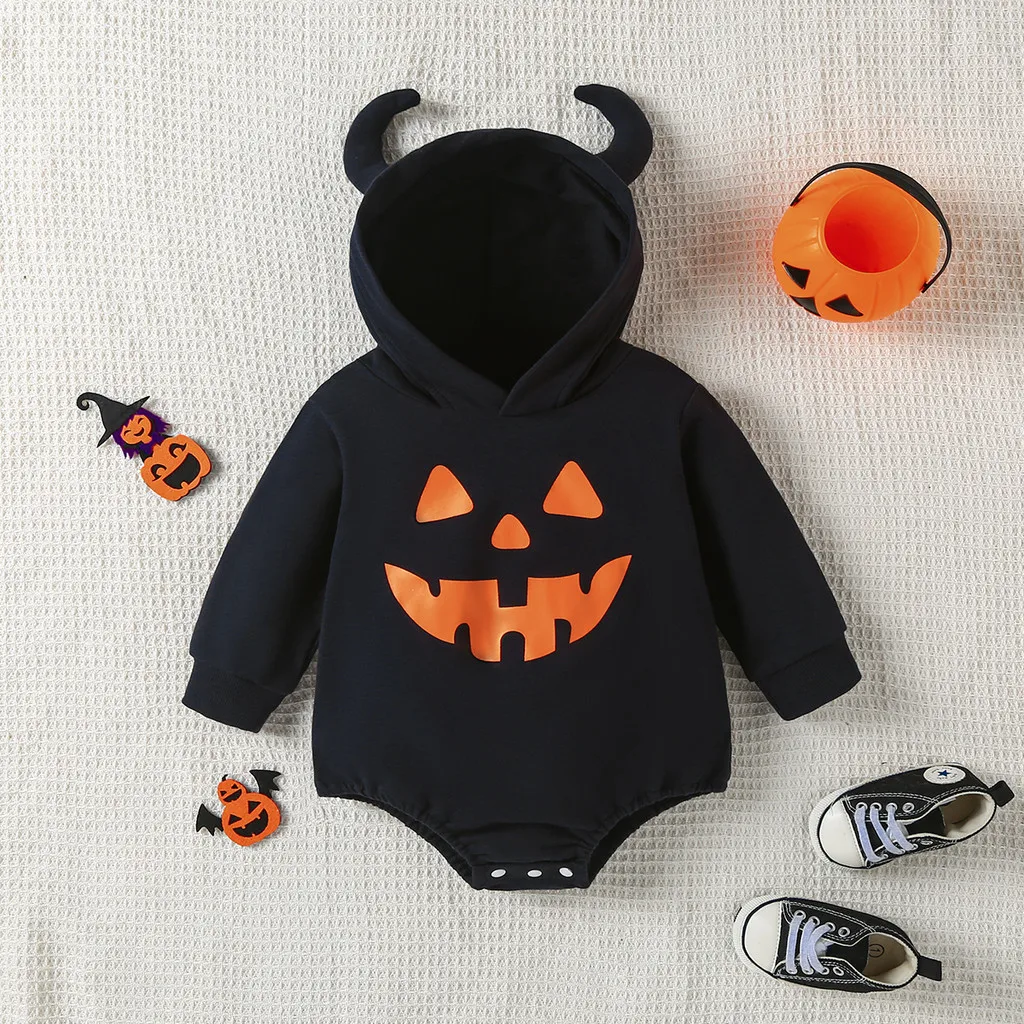 Conjunto de mono de Halloween para 0-18 meses |   Traje para gatear con capucha y estampado de calabaza, traje de Halloween para bebé |   Lindo traje festivo