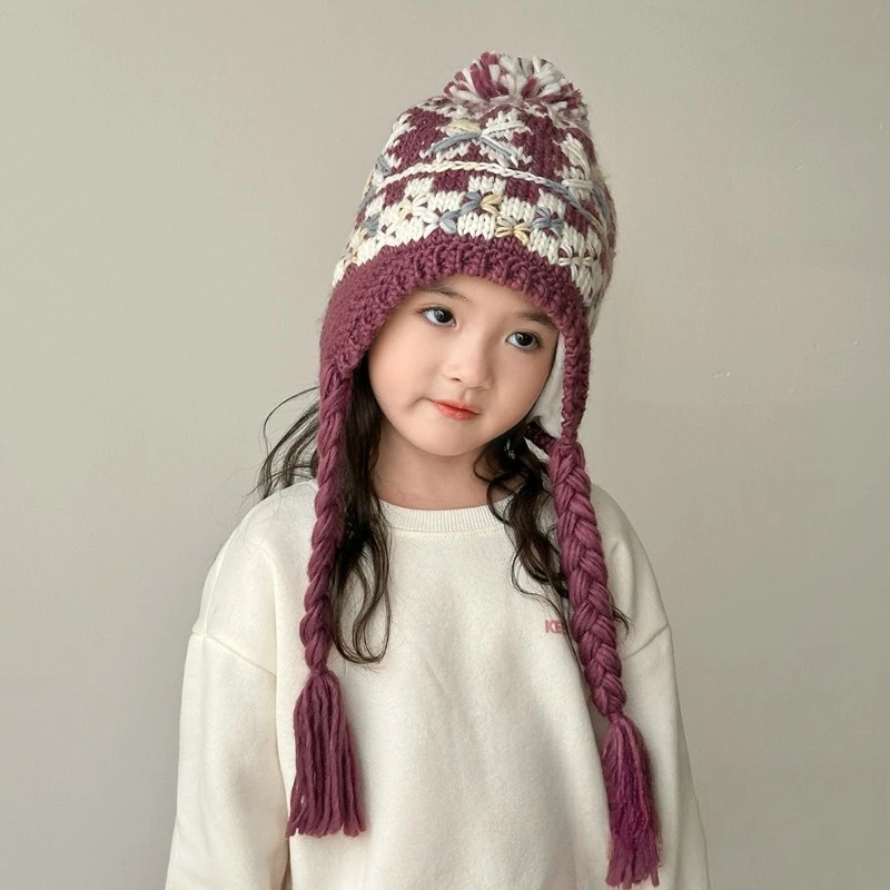 Gorro de punto para niños estilo japonés Ins, cálido con forro polar para otoño-invierno, patrón jacquard, orejeras, suave para bebés. - imagen 4