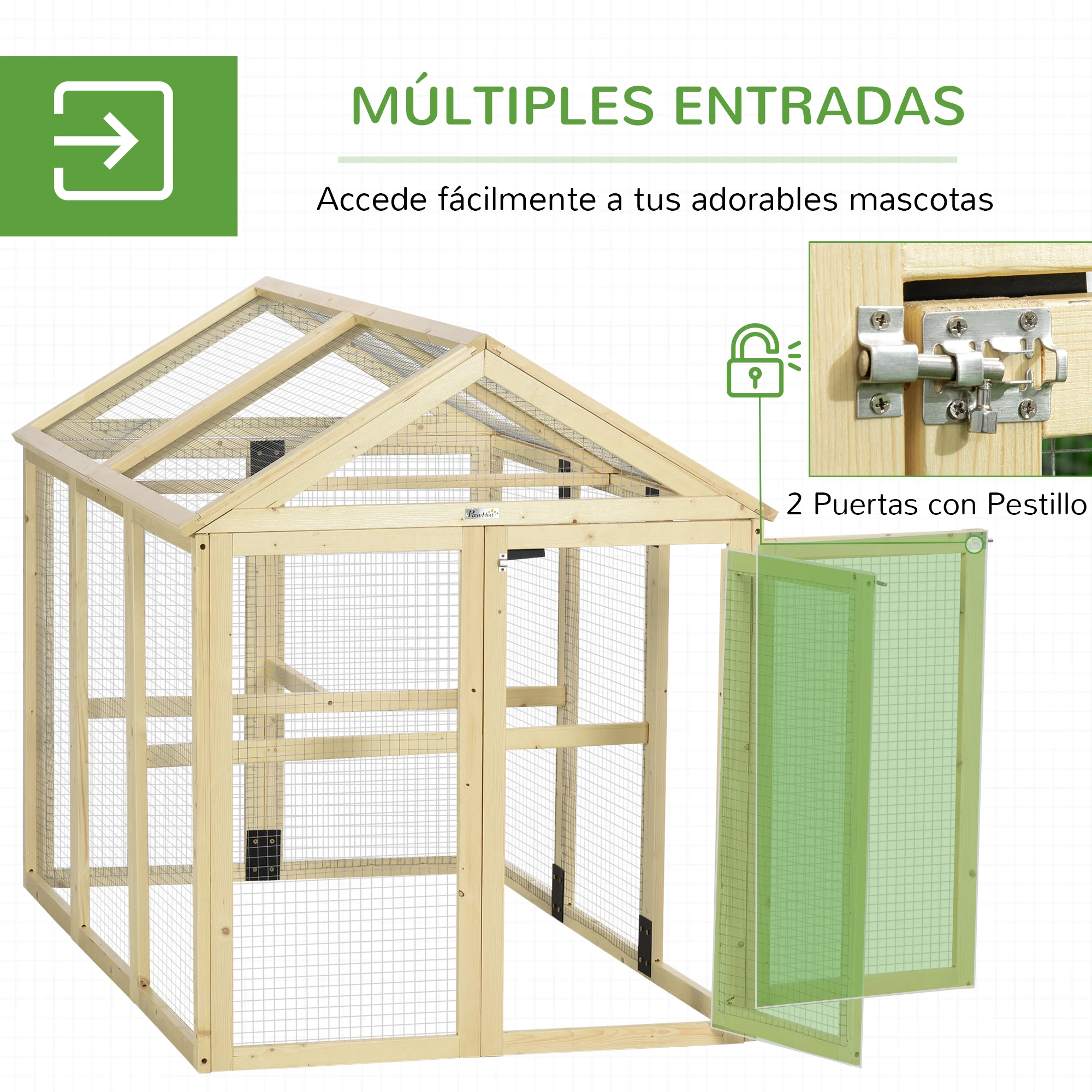 PawHut Gallinero para Exterior, 140x88,5x106 cm, Gallinero de Madera para 1-3 Gallinas con 3 Perchas y 2 Puertas con Cierre, para Gallinas, Conejos, Patos, Madera Natural - imagen 3