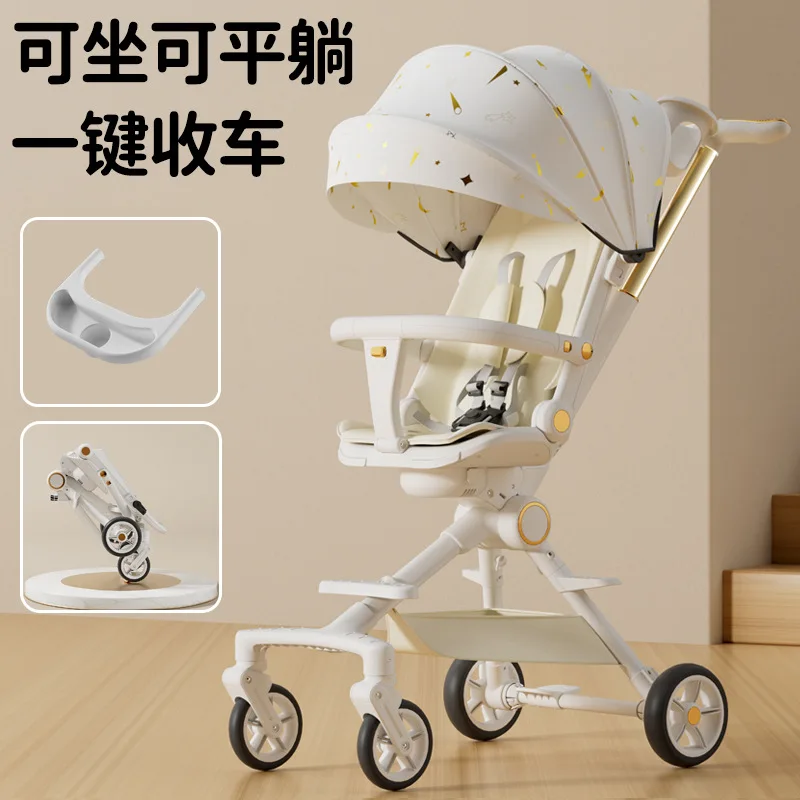 El cochecito de bebé se puede sentar o tumbarse, cochecito de bebé portátil bidireccional de cuatro ruedas, cochecito plegable