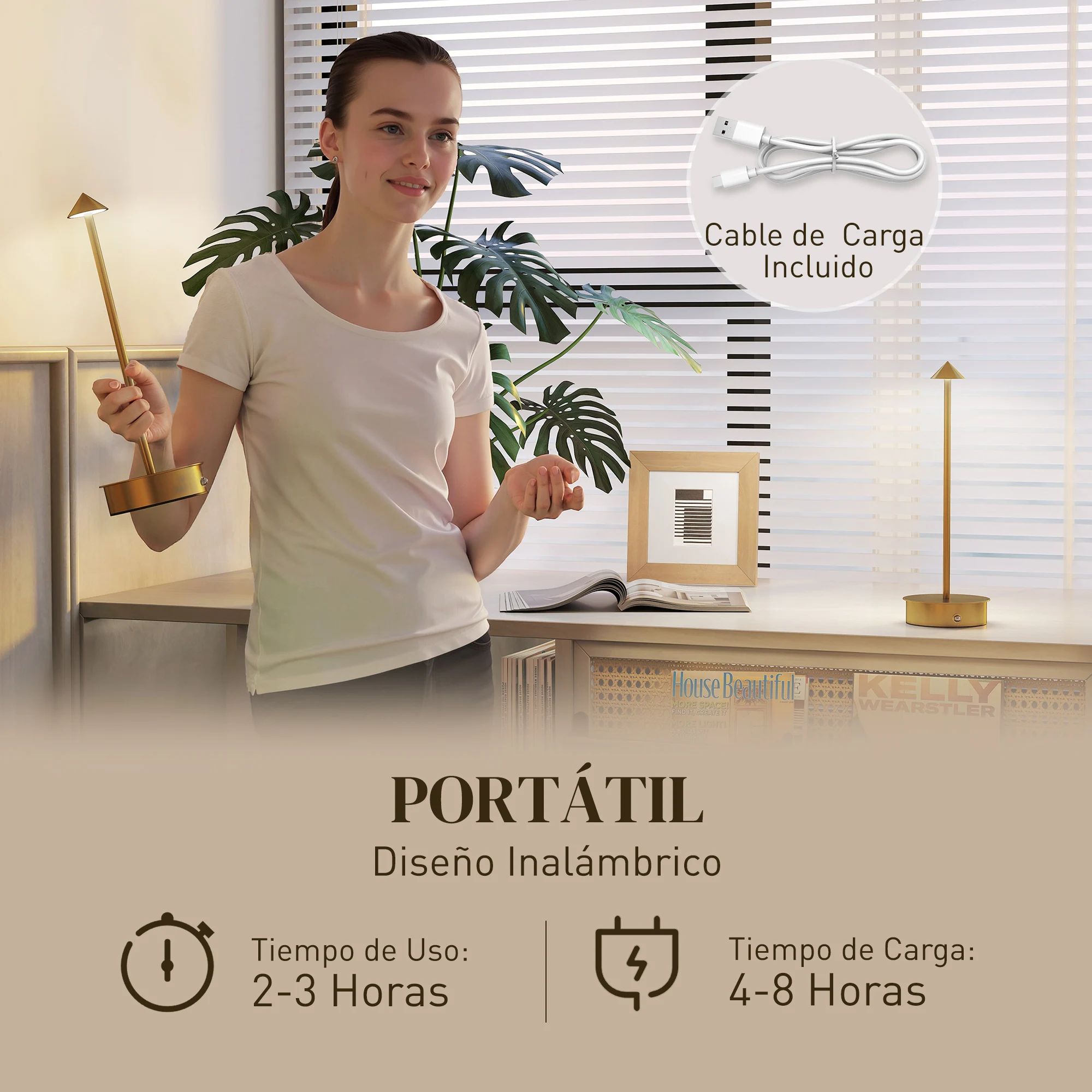 HOMCOM Juego de 2 Lámparas de Mesa Recargables por USB, Lámparas de Mesita de Noche Regulables con Control Táctil, 3000K/4500K/6000K, Luz LED Incluida, para Dormitorio, Salón u Oficina, Blanco - imagen 5