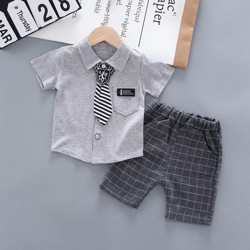 Ropa de verano para bebés, camisa informal a cuadros, pantalones cortos, trajes infantiles, disfraz para niños pequeños, ropa deportiva para niños, 2 unids/set - imagen 5