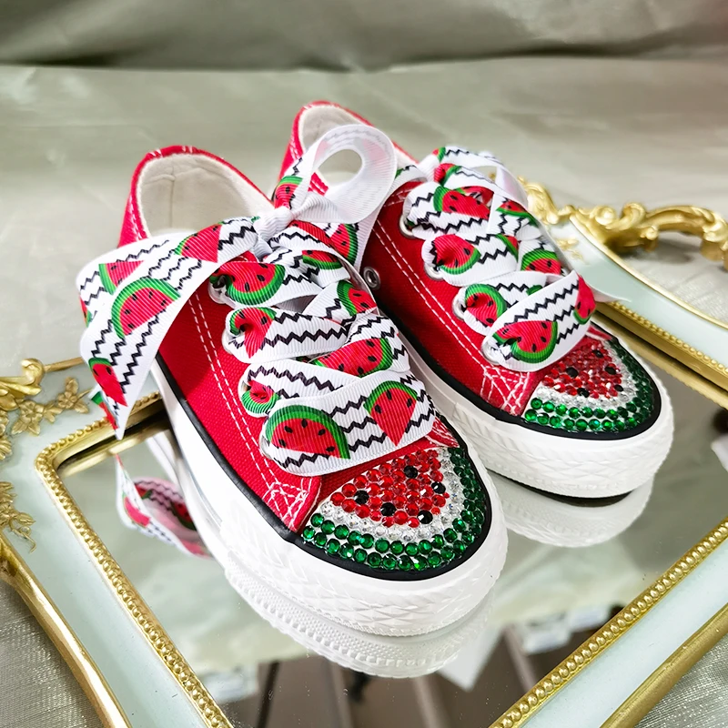 Chaussure en toile personnalisée faite à la main pastèque basse toile éclairer chaussures plates décontractées enfants cristal fille garçons baskets