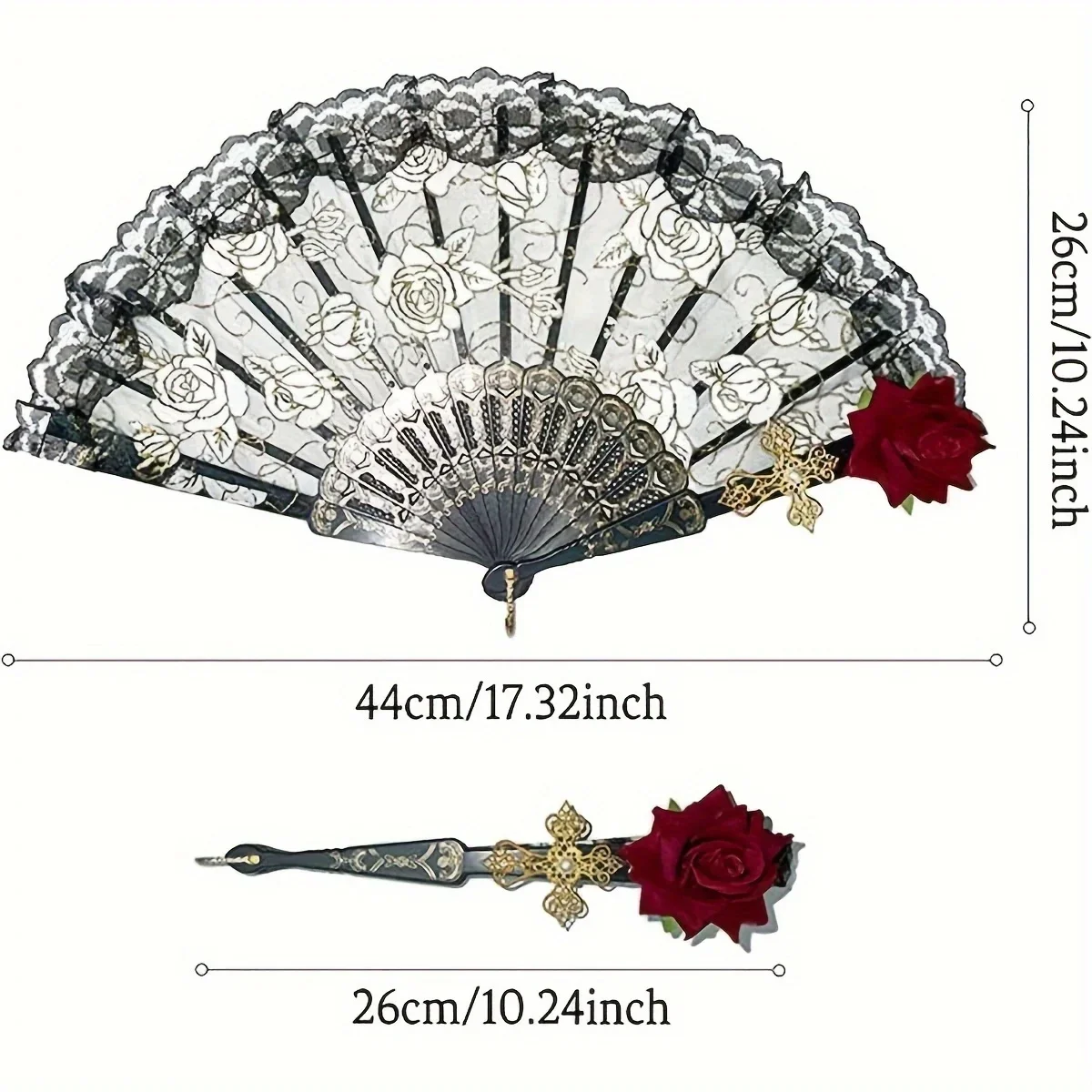 Abanico plegable vintage negro con encaje floral rosa para fiestas - imagen 5