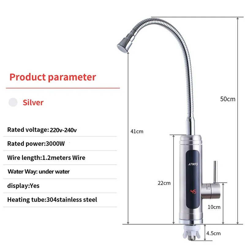 ATWFS-grifo calentador de agua instantáneo, calentadores sin tanque, grifo de agua caliente para cocina, calefacción eléctrica para baño, carcasa de acero inoxidable de 220v - imagen 2