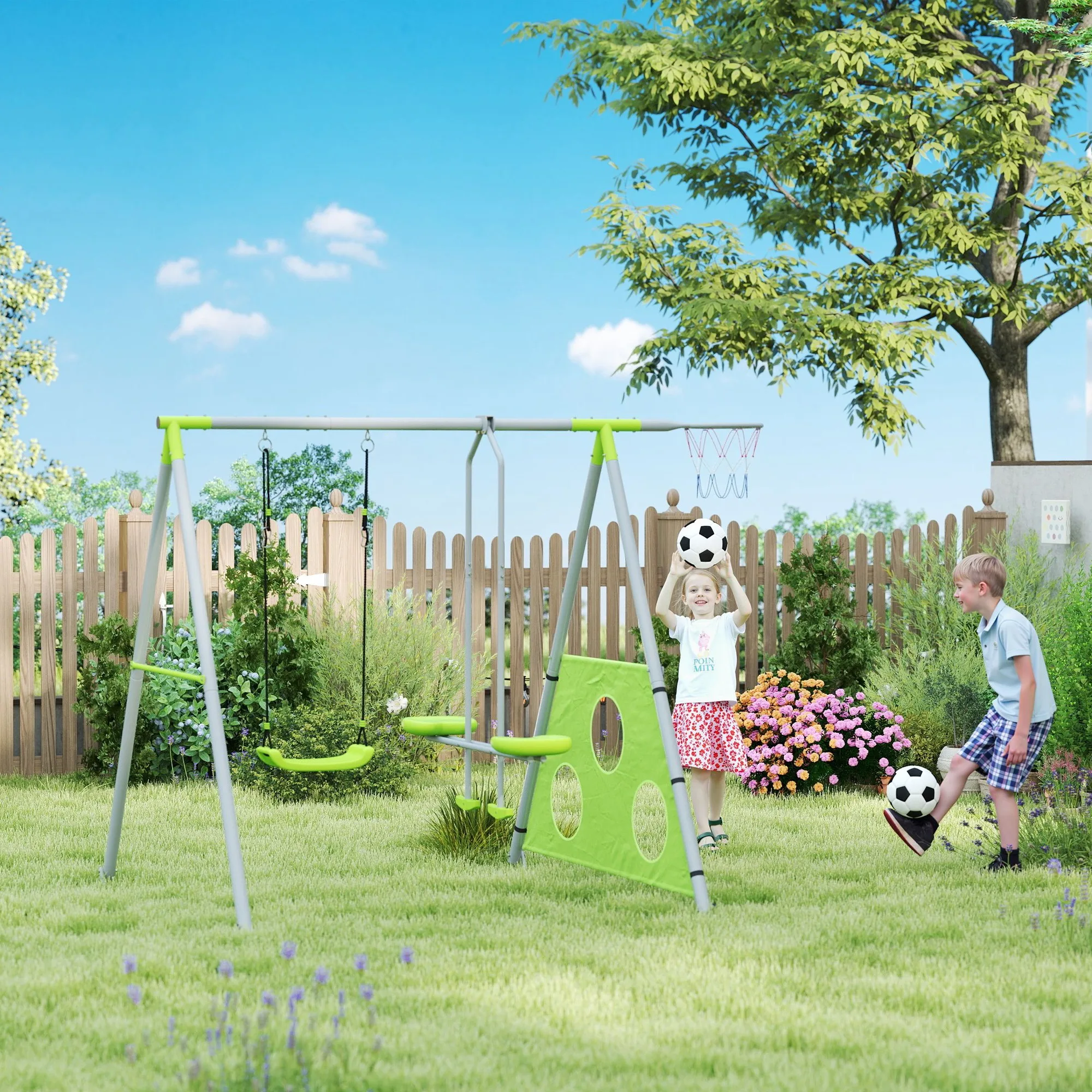 AIYAPLAY Columpios para Niños de +3 Años 4 en 1 Columpios Jardín Exterior con Columpio Planeador Portería de Puntería y Aro de Baloncesto Verde