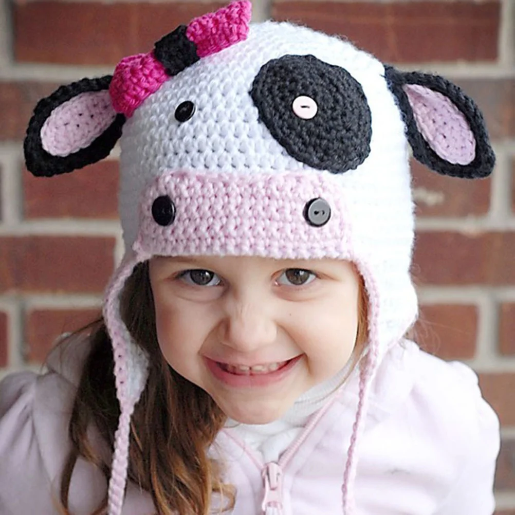 Gorro tejido de invierno con forma de vaca para bebé, gorro de lana suave y cálido para bebé, cómodo tocado para fotografía al aire libre, gorro de invierno para niño