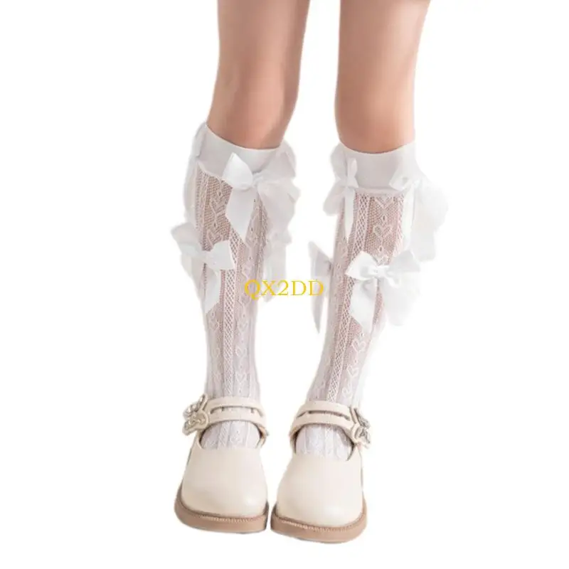 QX2D Girls Bajo longitud rodilla Calcetines para niños Preciosos calcetines detalles Bownot en calcetines tubo - imagen 2