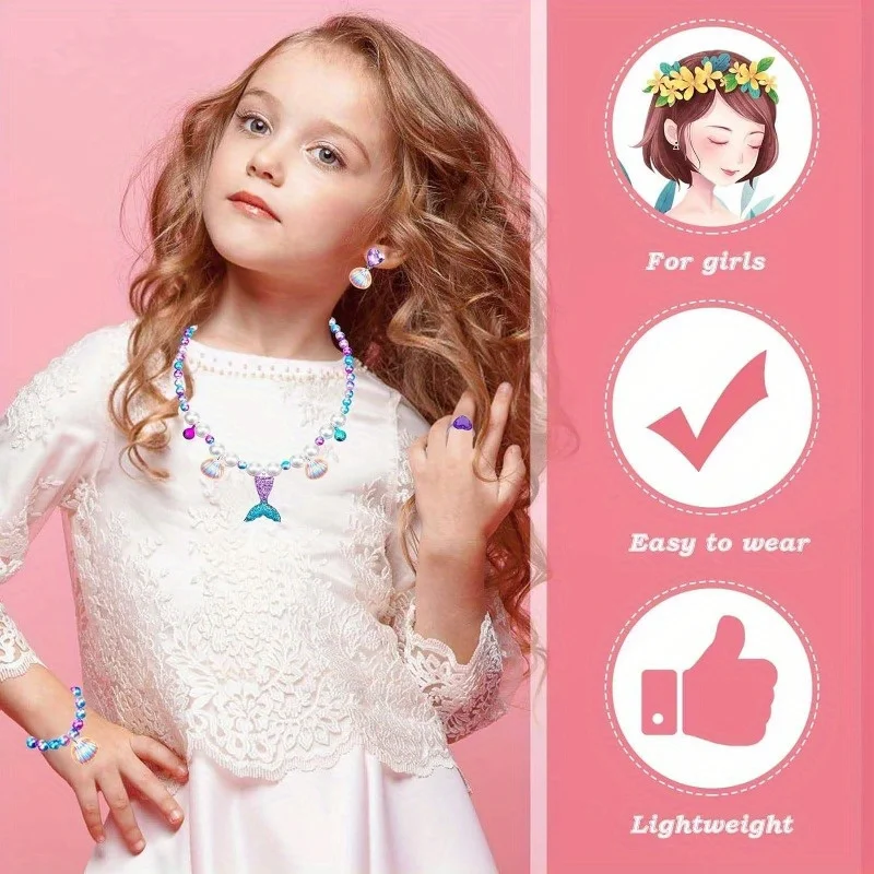 Conjunto de joyas para niñas, juego de joyas, monedero, pulsera, collar, pendientes, vestido, juego de simulación, regalos para niños pequeños, bolso cruzado de cumpleaños de princesa - imagen 5