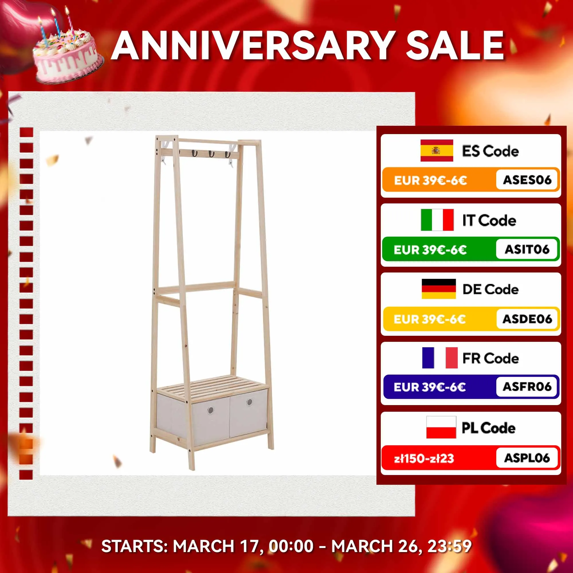 HOMCOM Perchero de Madera con Zapatero de 2 Estantes Perchero de Pie con 2 Cajones de Tela 4 Ganchos y Barra para Colgar Ropa Bolsas para Entrada Salón 58x36x168 cm Natural