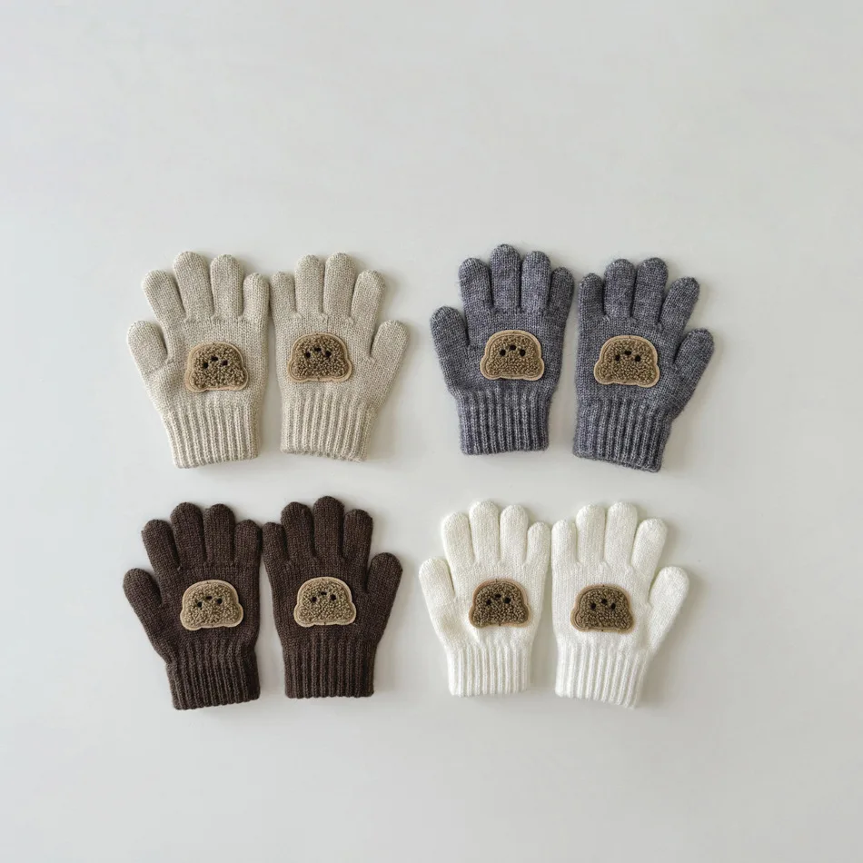 Manoplas de oso de dibujos animados para bebé, guantes cálidos de invierno para niños, guantes tejidos de Color sólido para niños pequeños, guantes gruesos para la dentición para niños de 3 a 7 años